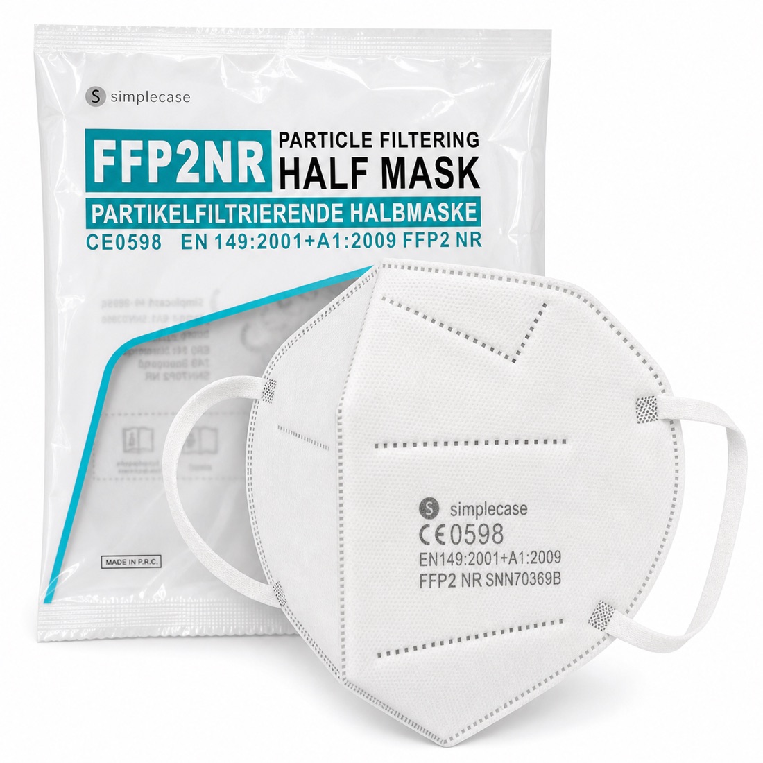 Weiße SIMPLECASE FFP2-Maske mit Beutel, Aufdruck CE0598 EN149:2001+A1:2009 FFP2 NR